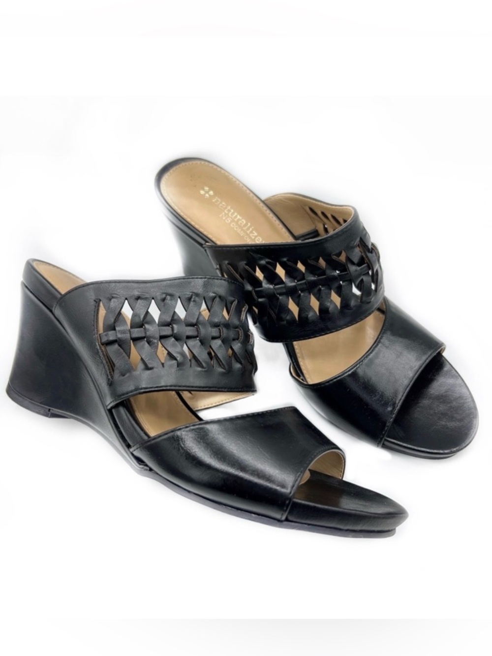 Naturalizer Nakita Faux Leather Black Open Toe Wedge Sandal Slides Size 9.5M